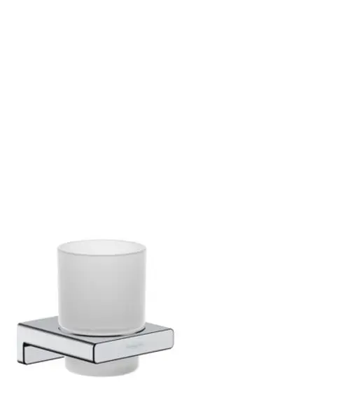 Zahnputzbecher von Hansgrohe in transparenter Glasoptik, auf einem chromfarbenen Halter montiert. Der Halter hat eine rechteckige Basis mit simplen Linien.